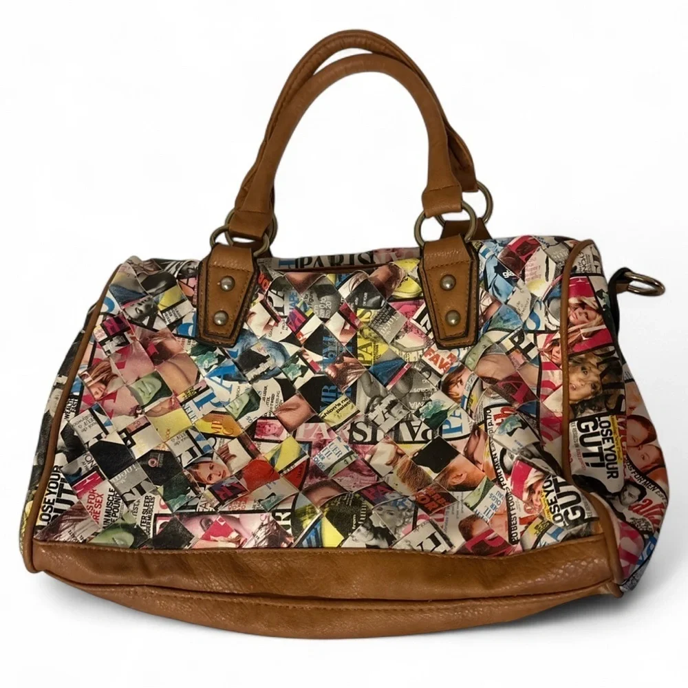 Funky Magazine Print Patchwork Tote Shoulder Bag Brown Trim 12x10x6 Y2K